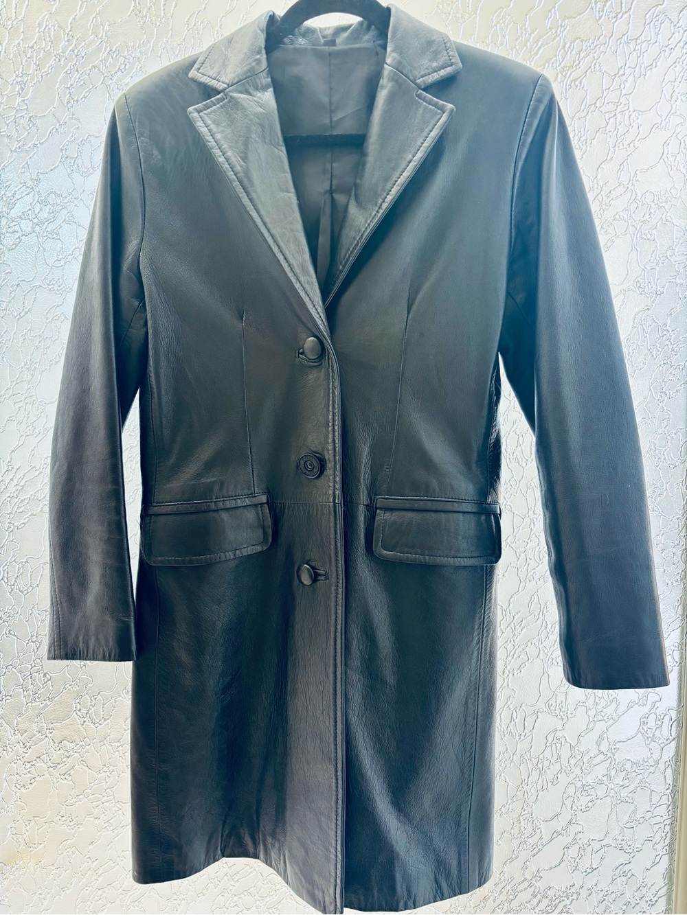 Women’s Black Leather Long Jacket - Classic Single-Breasted Coat